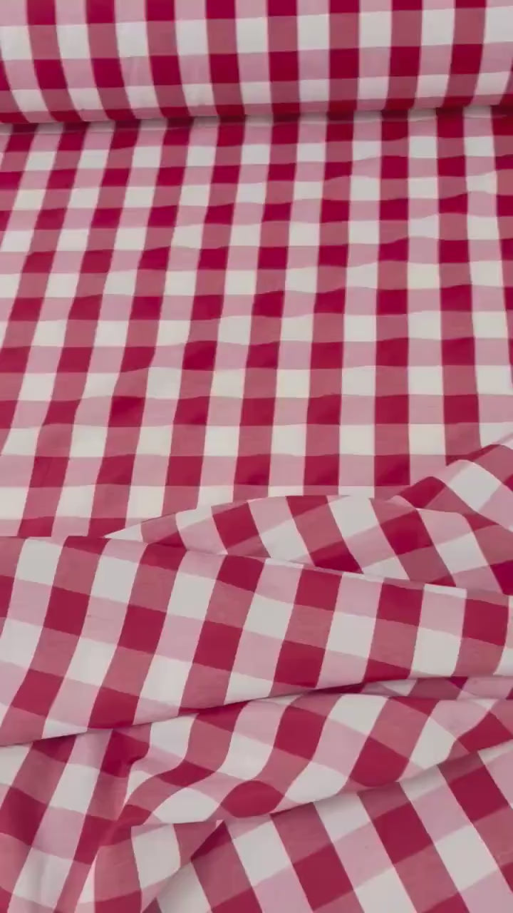 Red Gingham fabric color Red and white. Poly cotton, width 59". 1" square.