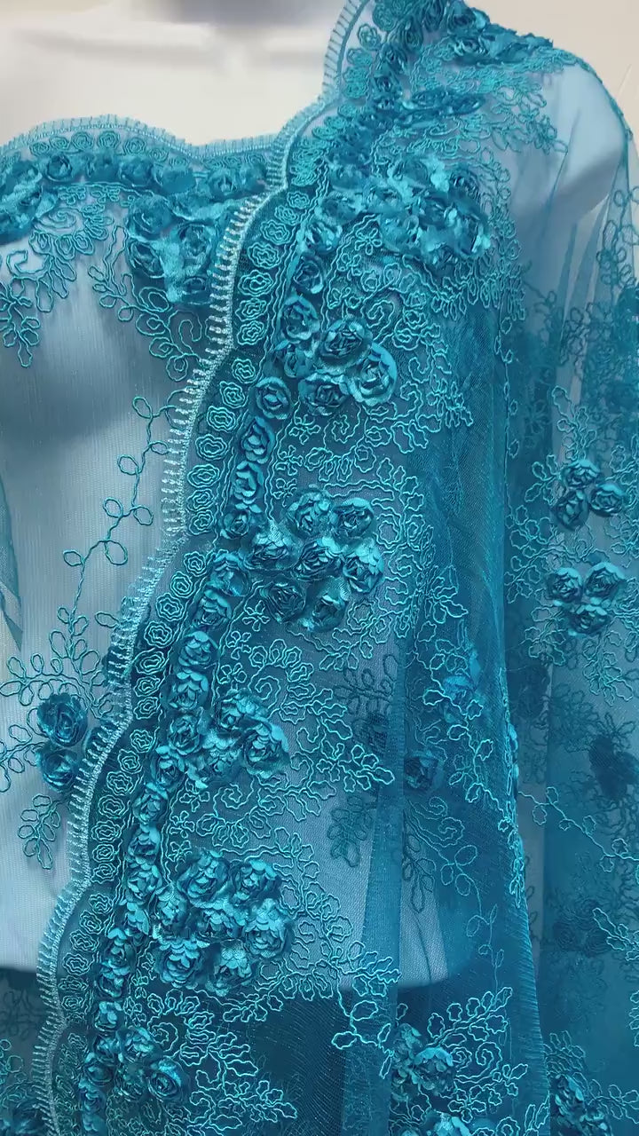 Lace Embroidery Fabric color Turquoise design rose bud  flower width 49/50 inches. free sample shop with confidence.
