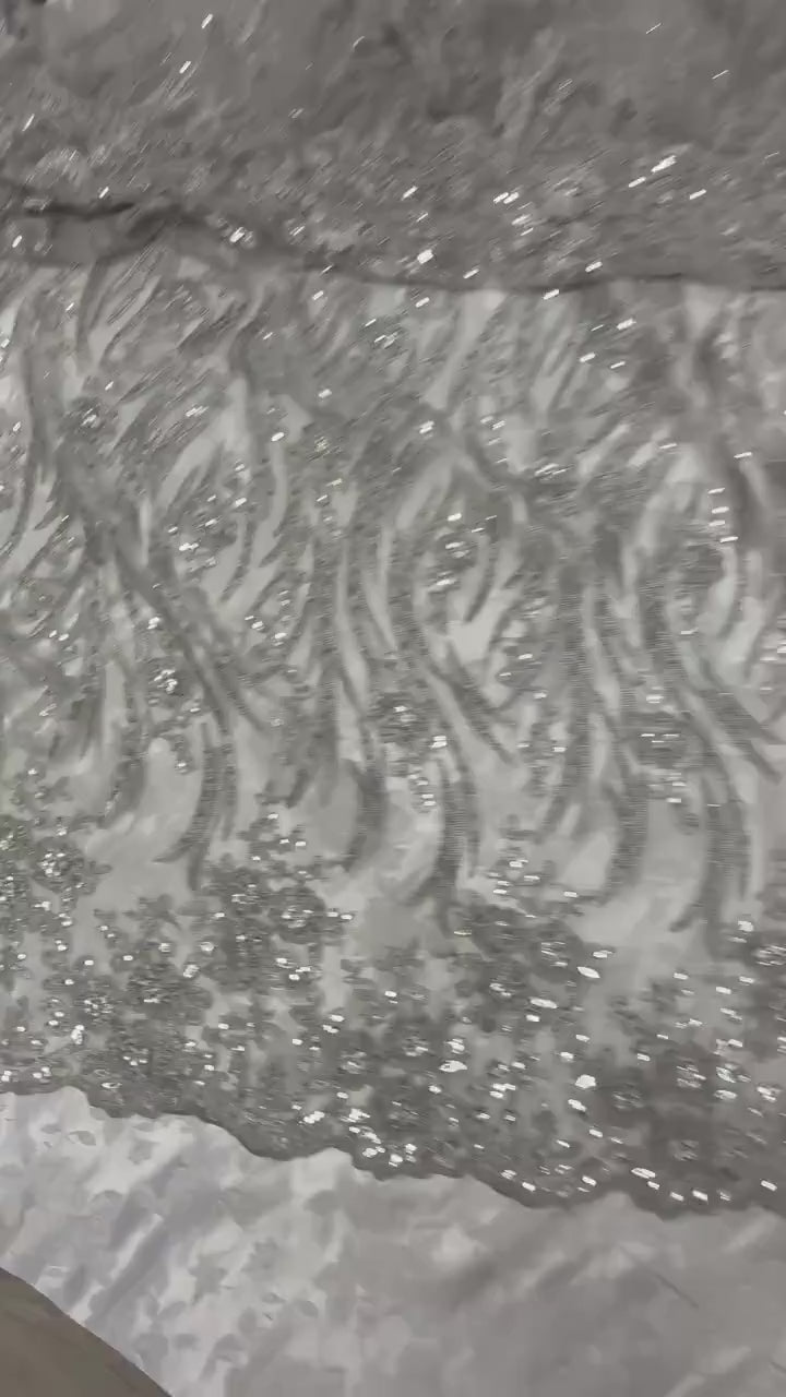 Silver Gray Beaded lace, Double scalloped Sequence Beaded Embroidery width 49/50" design MH-1803. free sample.