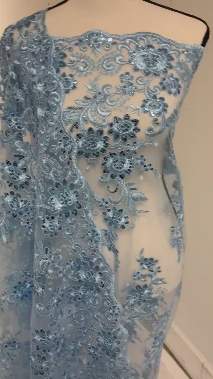 Lace fabric Lt. Blue Double scalloped sequence embroidered width 49/50". condition New. Design Eu 230325 016.