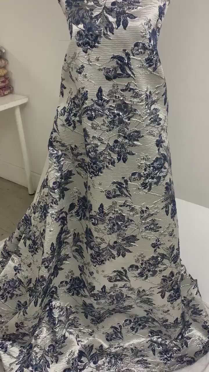 3 yards Navy floral metalic Brocade fabric. color is Navy silver width 56".