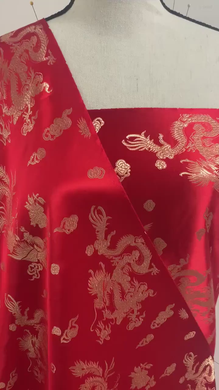 Chinese Brocade Fabric, small dragon design color RED, 54/56" wise sell by 1 yard increment.