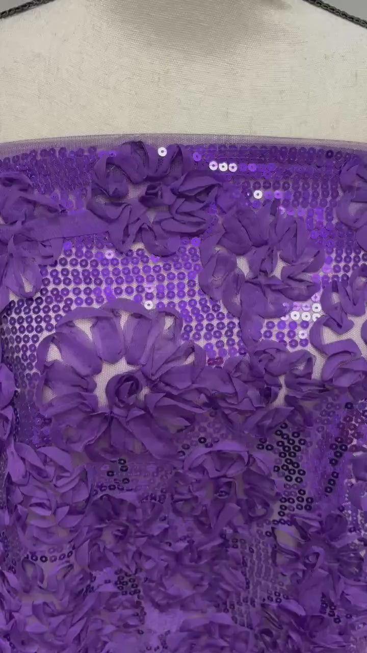 Purple Chiffon sequence ribbon on mesh fabric. Style Big flower JH-120322-9. plain mesh on both side.