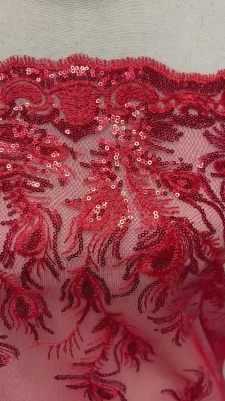 A 3-yard lace fabric design Peacock yx94-2, sequins, embroidery double scalloped edges. Width 49/50". sell by 3 yards increment continuous.