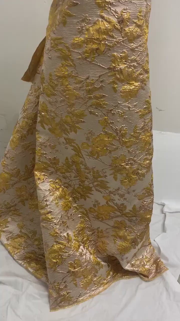 5 yards floral metalic Brocade fabric color yellow/gold, width 56". known as Brocade fabric, satin jacquard, Damask, Decorative fabric,