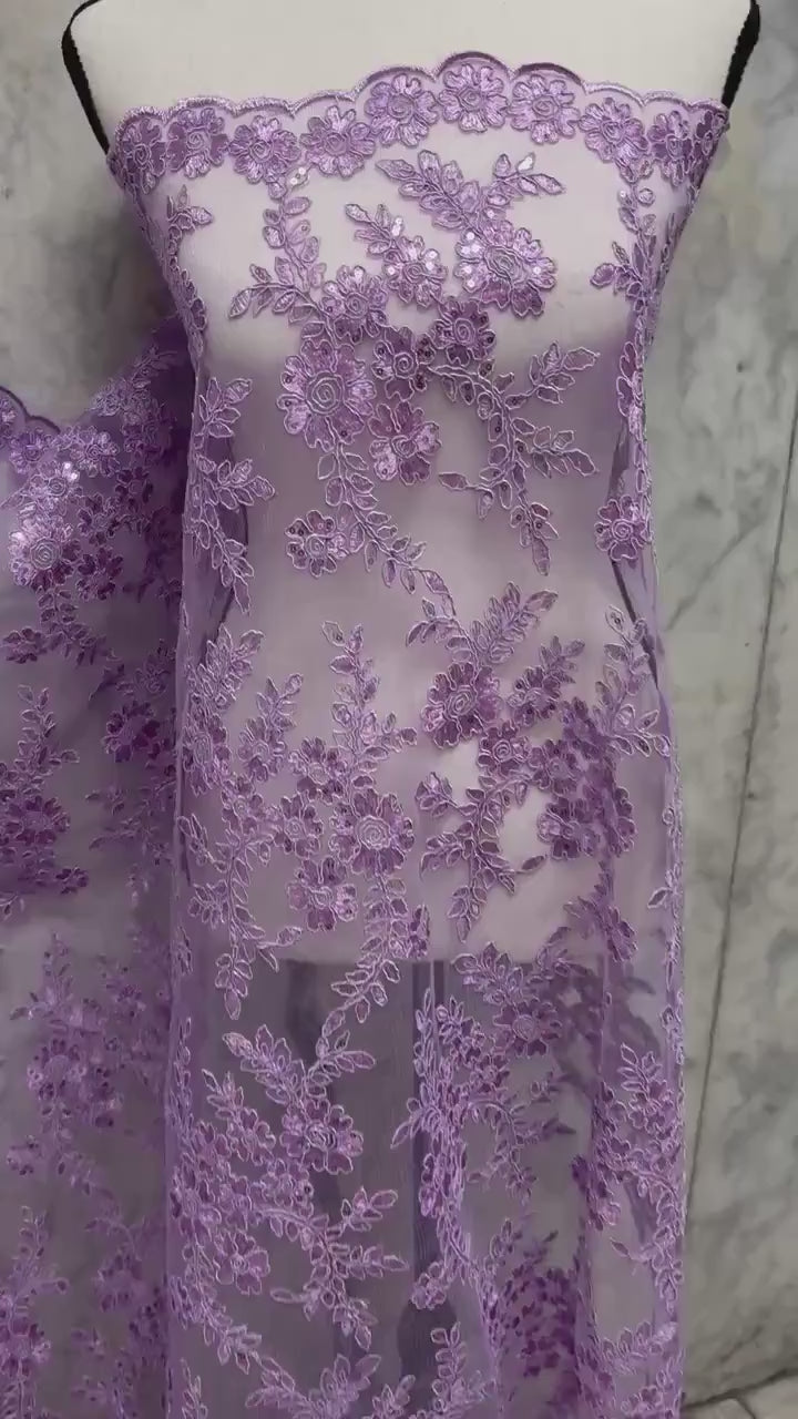 Lilac Lace fabric design bloom 6 width 49", Double scalloped embroidery sequence.
