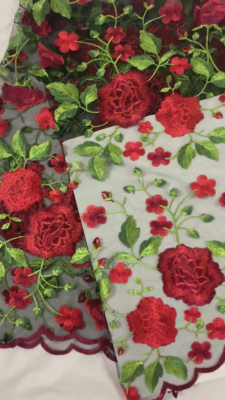 Floral Embroidery Mesh Lace, width 49/50" red rose embroidery on black mesh fabric, Sells in 1-yard increments, continuous.