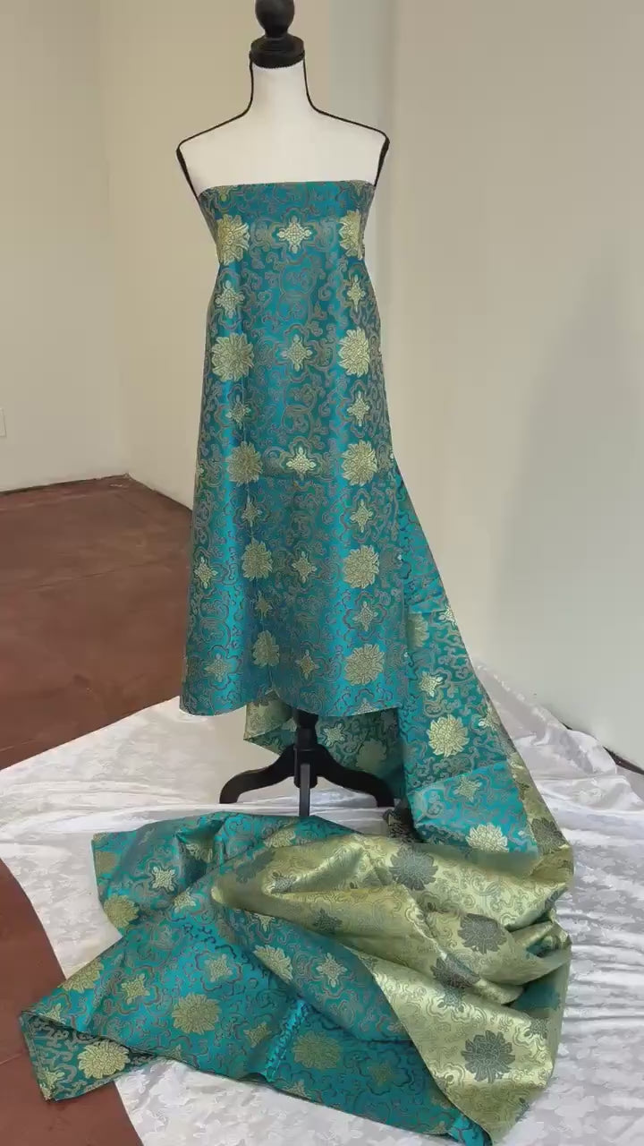Asian Satin Brocade Fabric - Teal - 36" Width