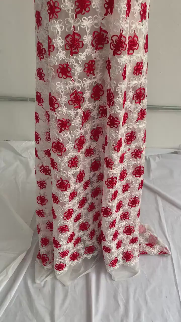 Embroidery Flower mesh fabric - White Red Flower - 58" Width