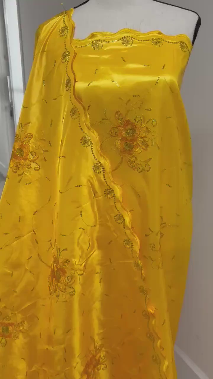 Taffeta Fabric - Yellow - Double scalloped Sequins Embroidery - 54" Width