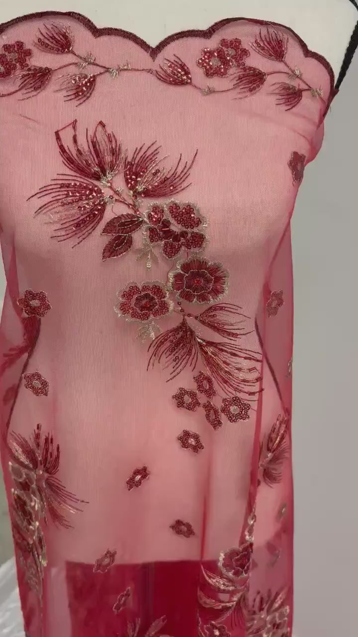 3-yard Red-colored lace fabric design ZD08088, sequins, embroidery double scalloped edges. Width 49/50". sell by 3 yards increment.