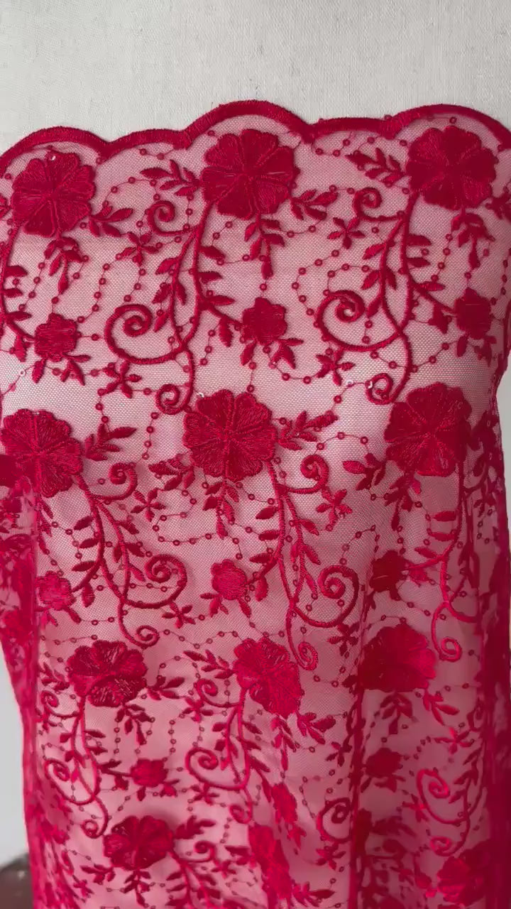 Red lace fabric double scalloped embroidery sequence width 49". Design 04331279. shop with confidence ask fro free sample.
