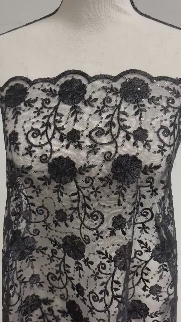 A 3-yard cut of Black Lace fabric with a width of 49/50 inches, featuring double scalloped embroidery and sequins. Design code: 04331279.