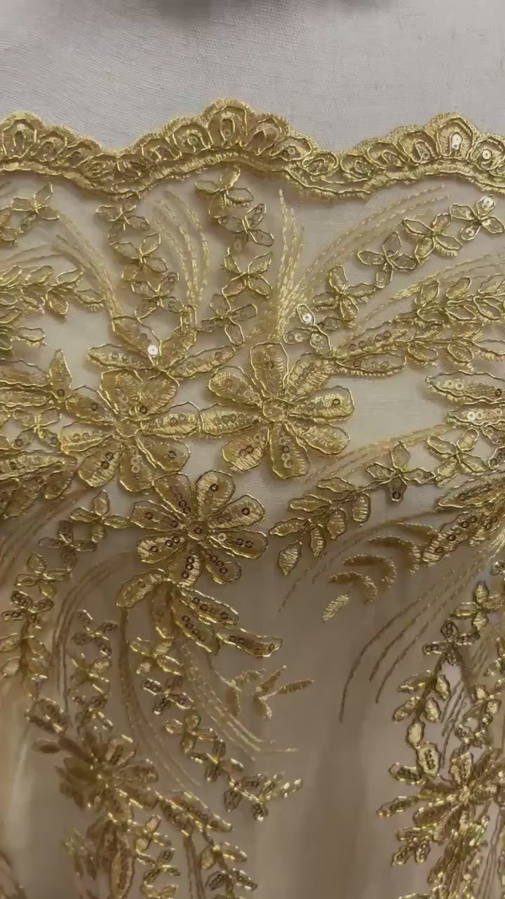 Gold color Lace sell by yard desin 1081 49/50" width Embroidery metallic sequins double scalloped Lace.