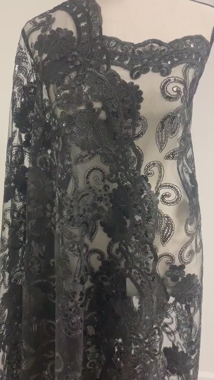 Lace Black fabric Design Lexie, sequins embroidery double scalloped width 49/50".