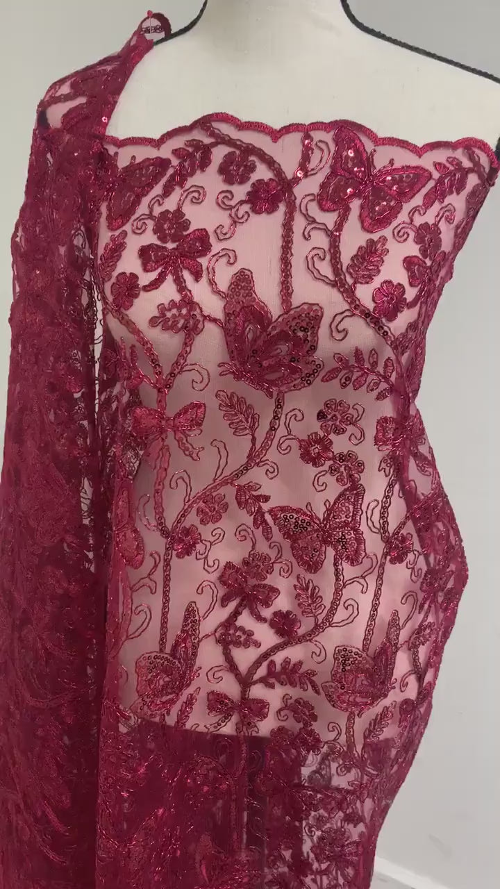 3 Yards Burgundy Lace fabric design Butterfly double scalloped sequins embroidery width 49/50".100% polyester.