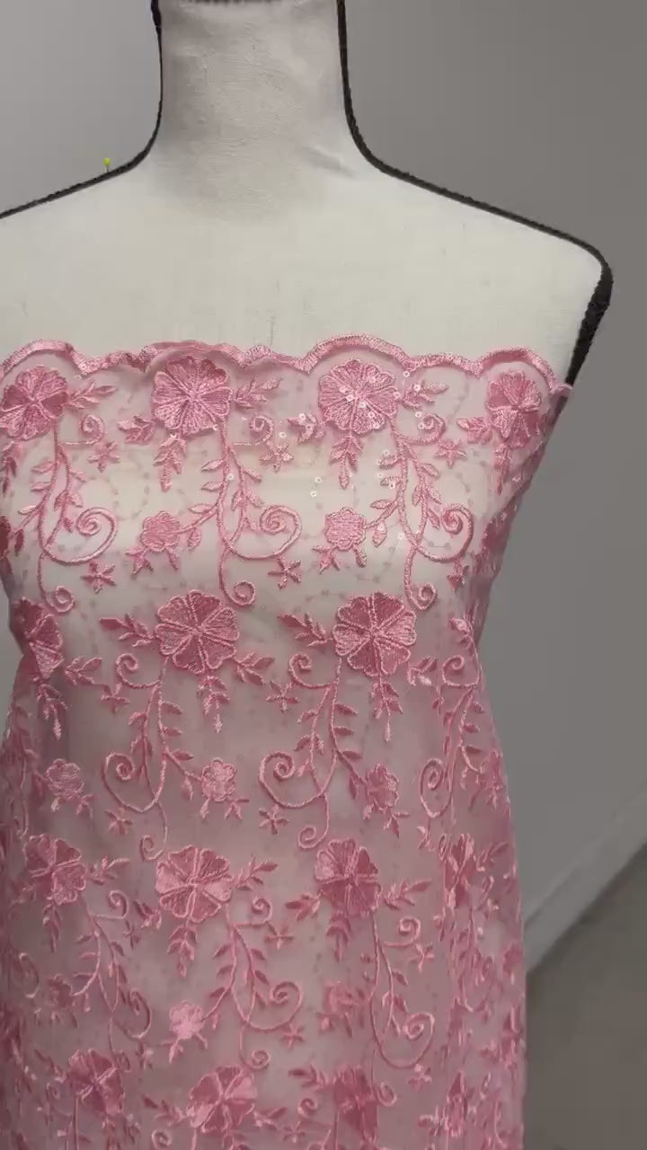 Pink lace fabric double scalloped embroidery sequence width 49". Design 04331279. shop with confidence ask fro free sample.