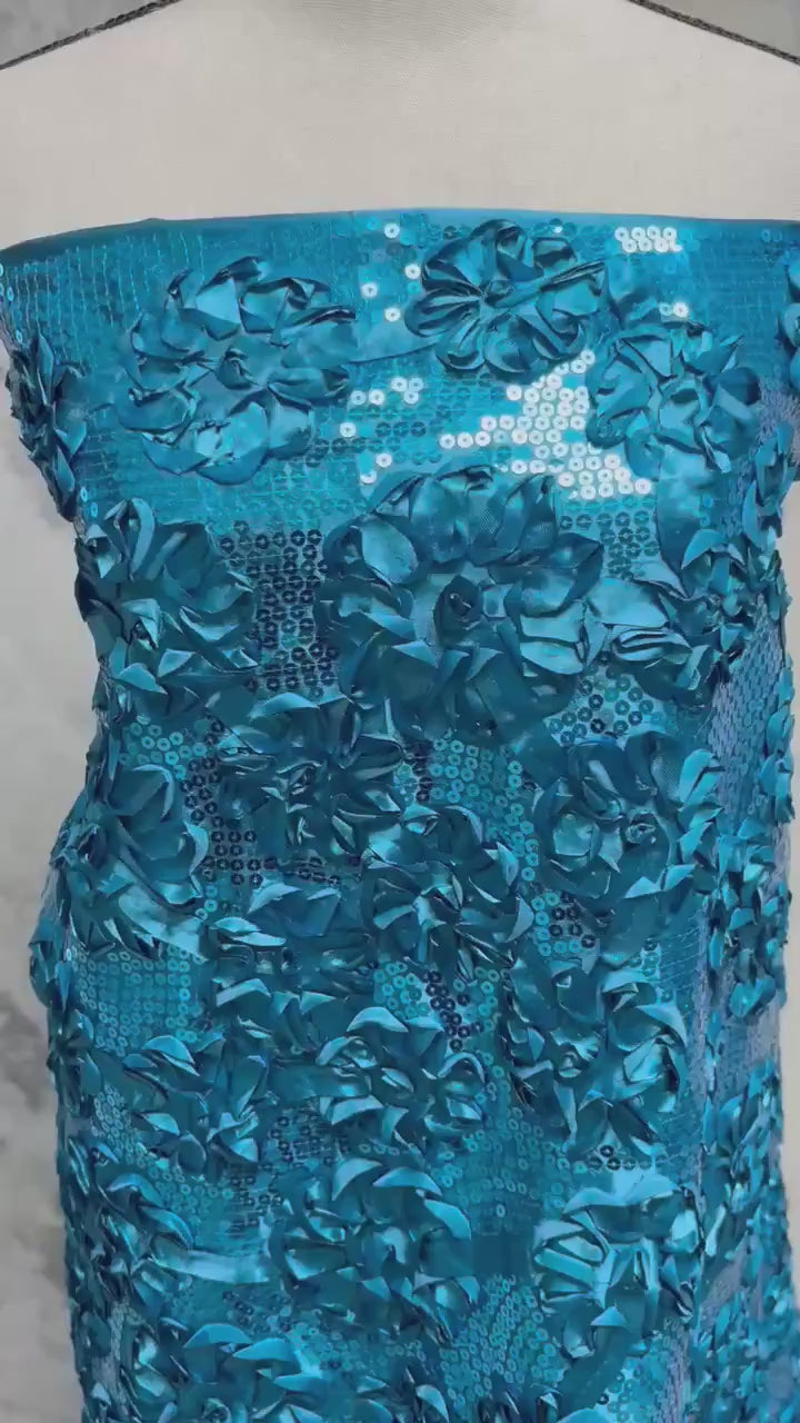 Teal satin ribbon embroidery with sequence fabric design JH-120322-9. plain satin on both side.