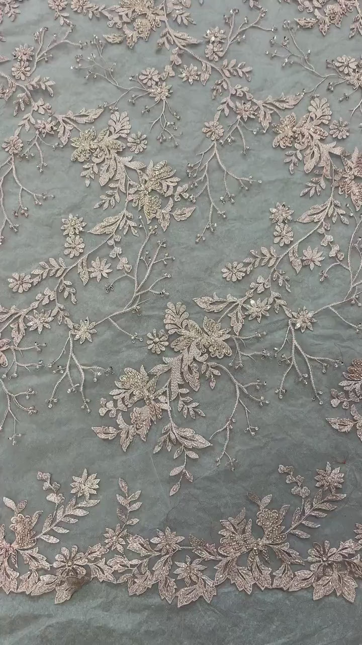 Mauve color Lace embroidery double scalloped with beads, color Mauve great item for party dress. sales by 1 yard increment.