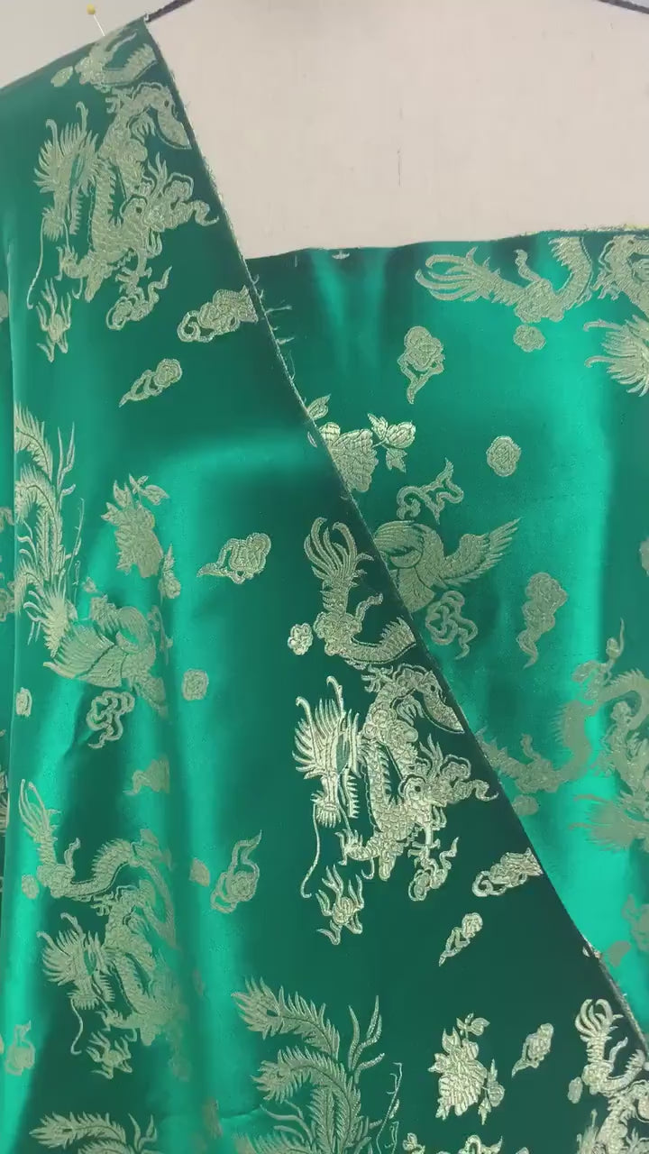 Chinese Brocade satin Fabric - Emerald green - 54/56" Width - small dragon design