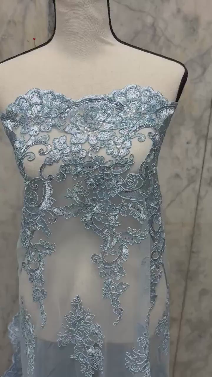 Blue Lace Fabric Design US50. Double scalloped sequence embroidered width 49/50 inches. condition New. sell by yard.
