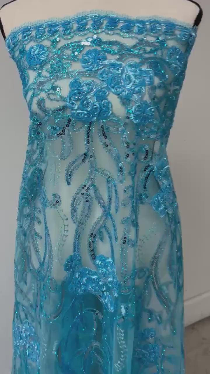 Lace design: WEDDING, Color Turquoise Double scalloped sequins Embroidery width 49/50"