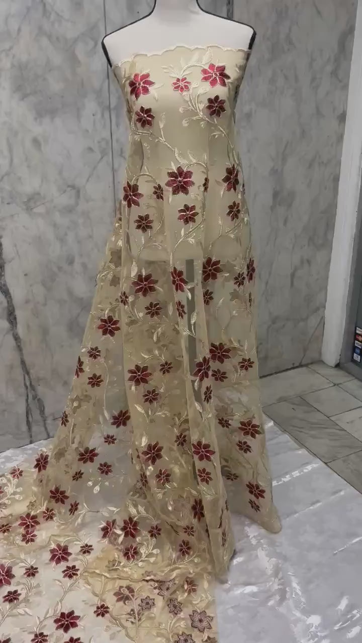 Lace Floral Embroidery on Mesh fabric, width 49/50" Color gold / Burgundy flower. Design RO 0455116