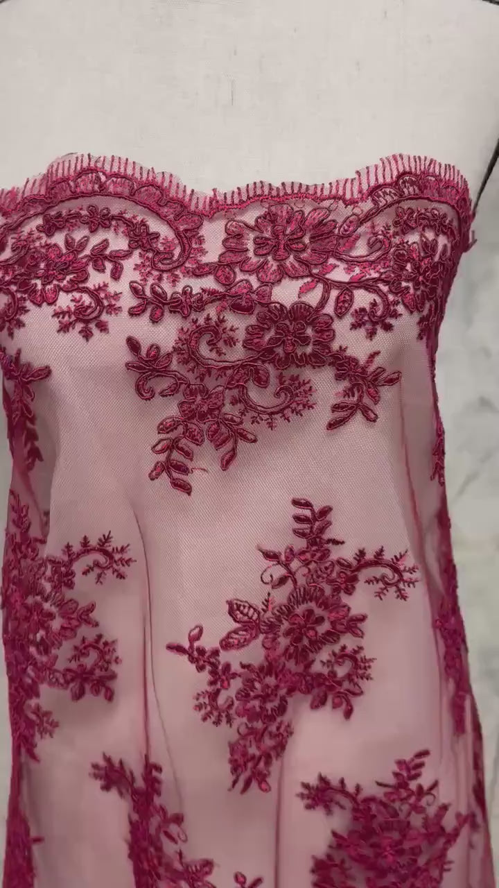 Dusty Rose Lace Embroidery double scalped width 48/49" polyester. design yx4357-2. shop with confidence ask for free sample.