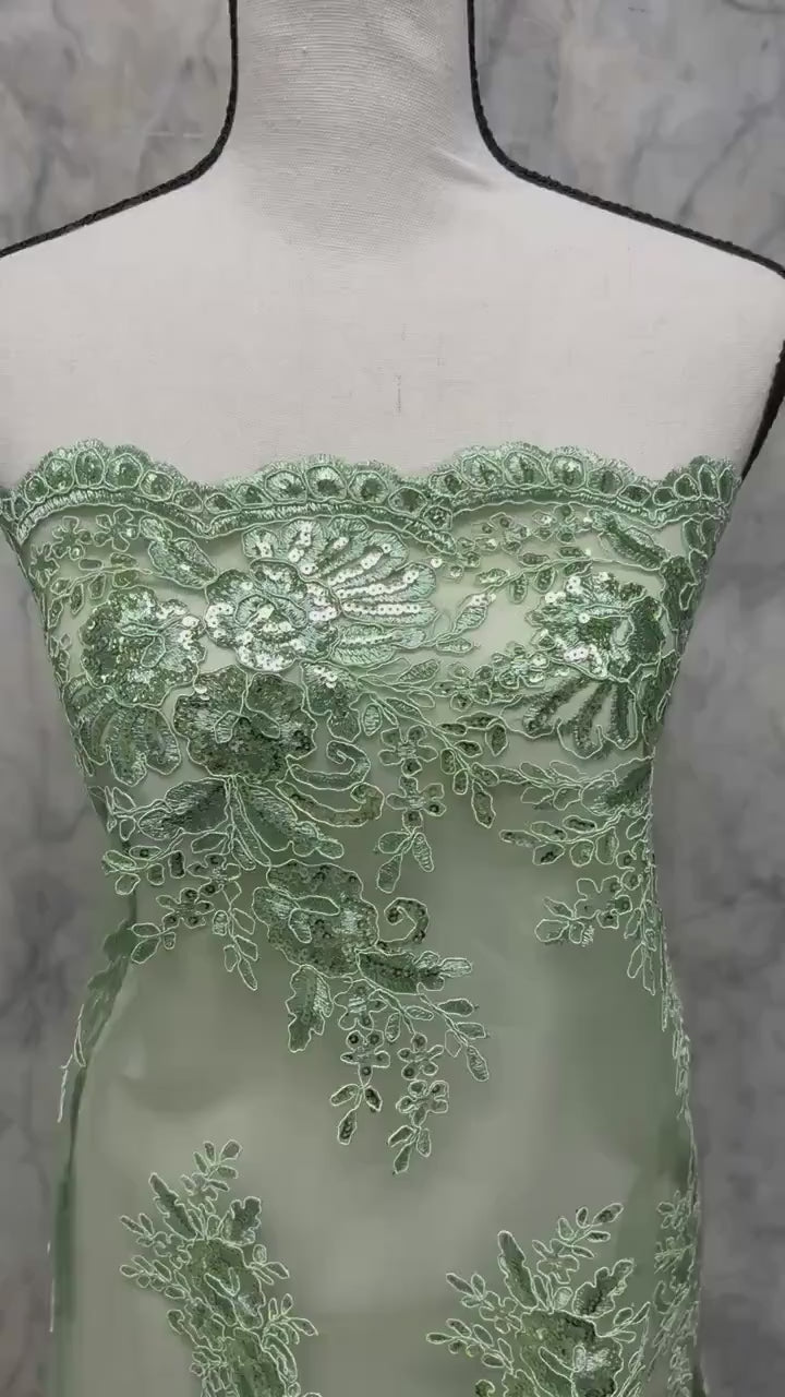 A 3-yard lace fabric color Sage design 1298 B n g. Sequins Embroidery double scalloped . Width 49/50"