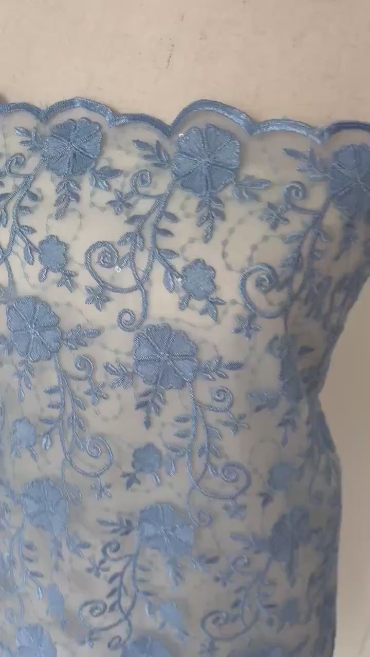 Blue lace fabric double scalloped embroidery sequence width 49". Design 04331279. shop with confidence ask fro free sample.