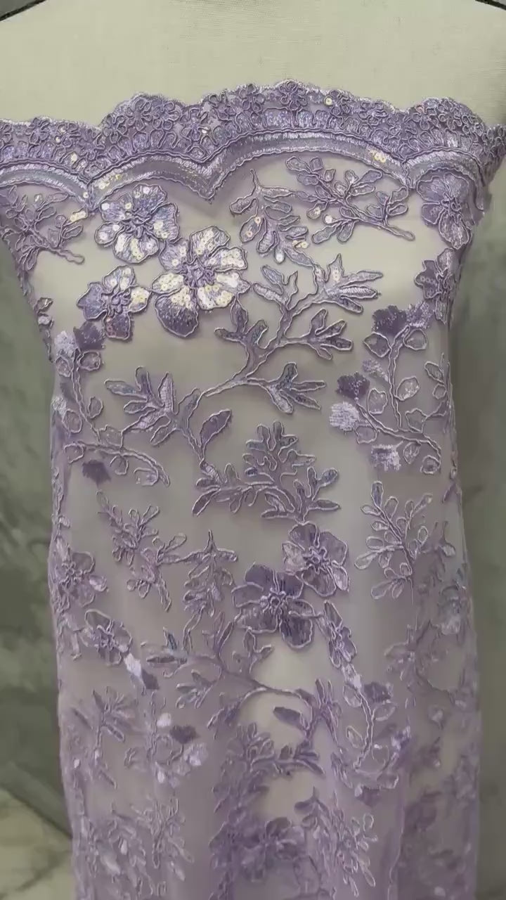 Lace fabric - Lilac - 49" Width - Double scalloped Sequence Embroidery