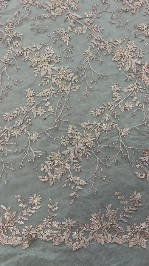 Bridal Lace Fabric - Mauve - Double Scalloped Sequence Embroidery With Beads