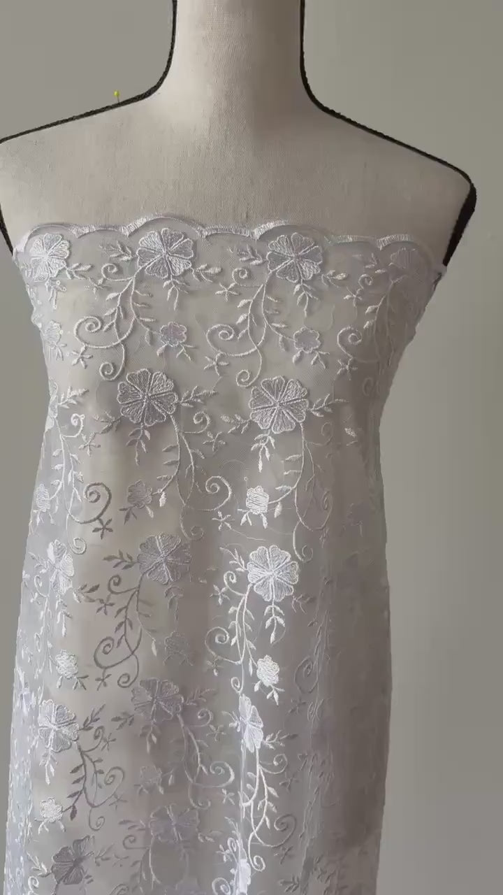 White lace fabric double scalloped embroidery sequence width 49". Design 04331279. shop with confidence ask fro free sample.