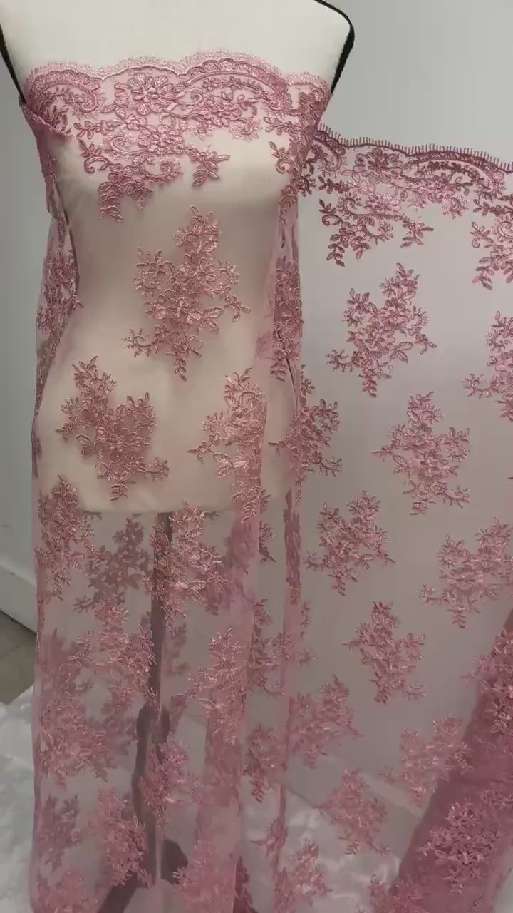 Dusty rose Lace fabric design 4357 double scalloped embroidery width 49/50".100% polyester. free sample.