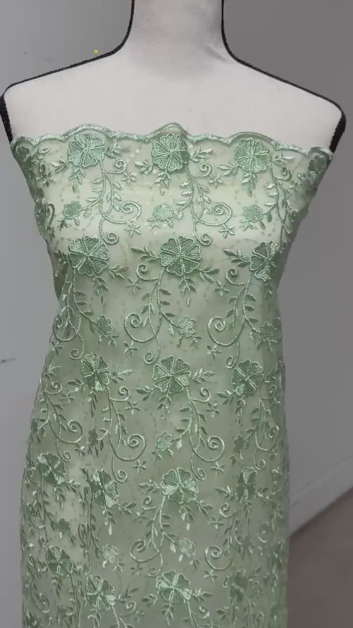 Sage lace fabric double scalloped embroidery sequence width 49". Design 04331279. shop with confidence ask fro free sample.