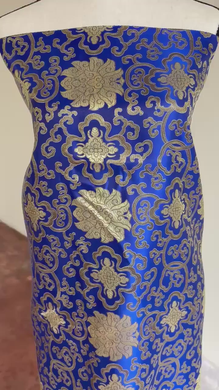 Asian Satin Brocade Fabric - Royal - 36" Width