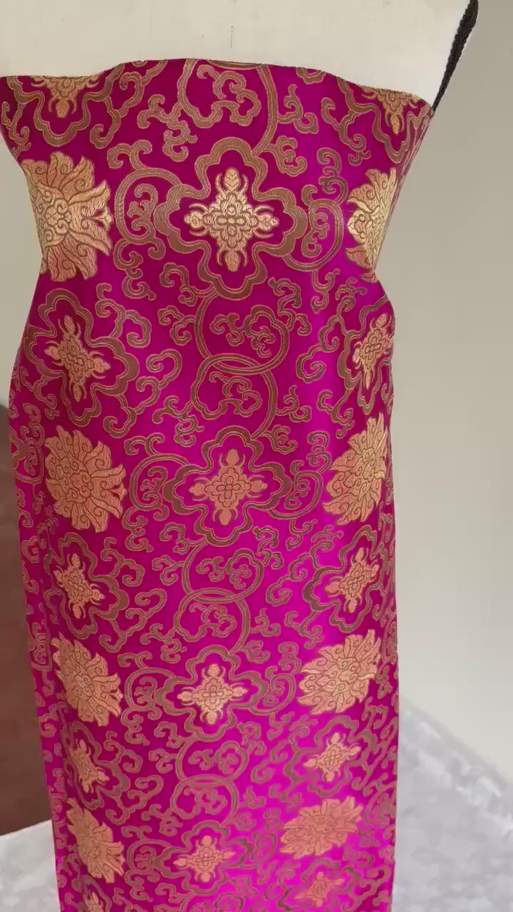 Fuchsia and gold brocade fabric, 36” wide – also known as Asian satin or Oriental Chinese embroidered brocade.