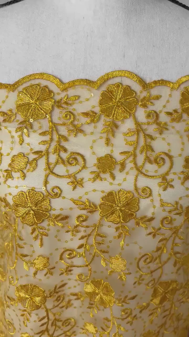 Canary yellow lace fabric double scalloped embroidery sequence width 49". Design 04331279. shop with confidence ask fro free sample.
