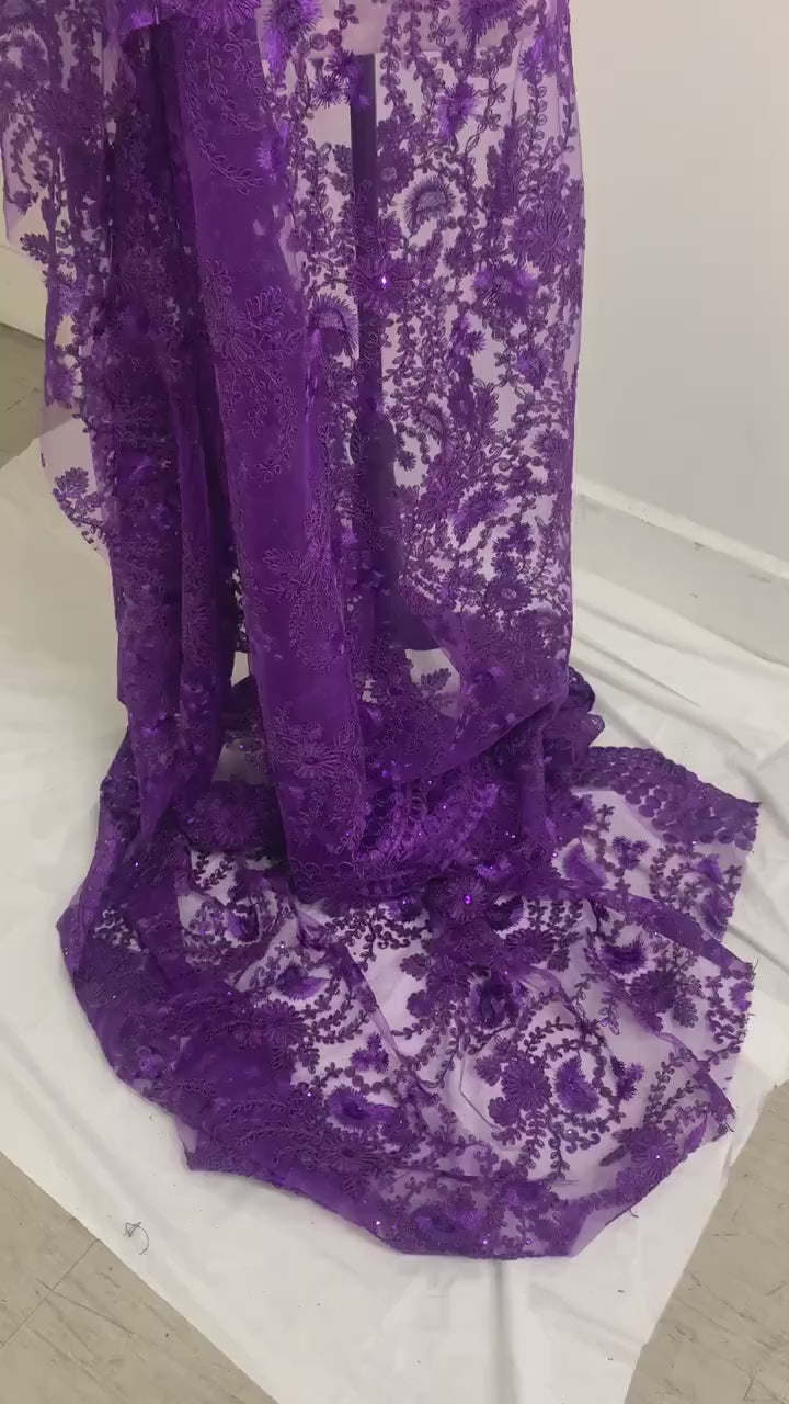 Purple lace fabrics design Lexi, Sequins embroidery double sclloped fabric width 50 inches