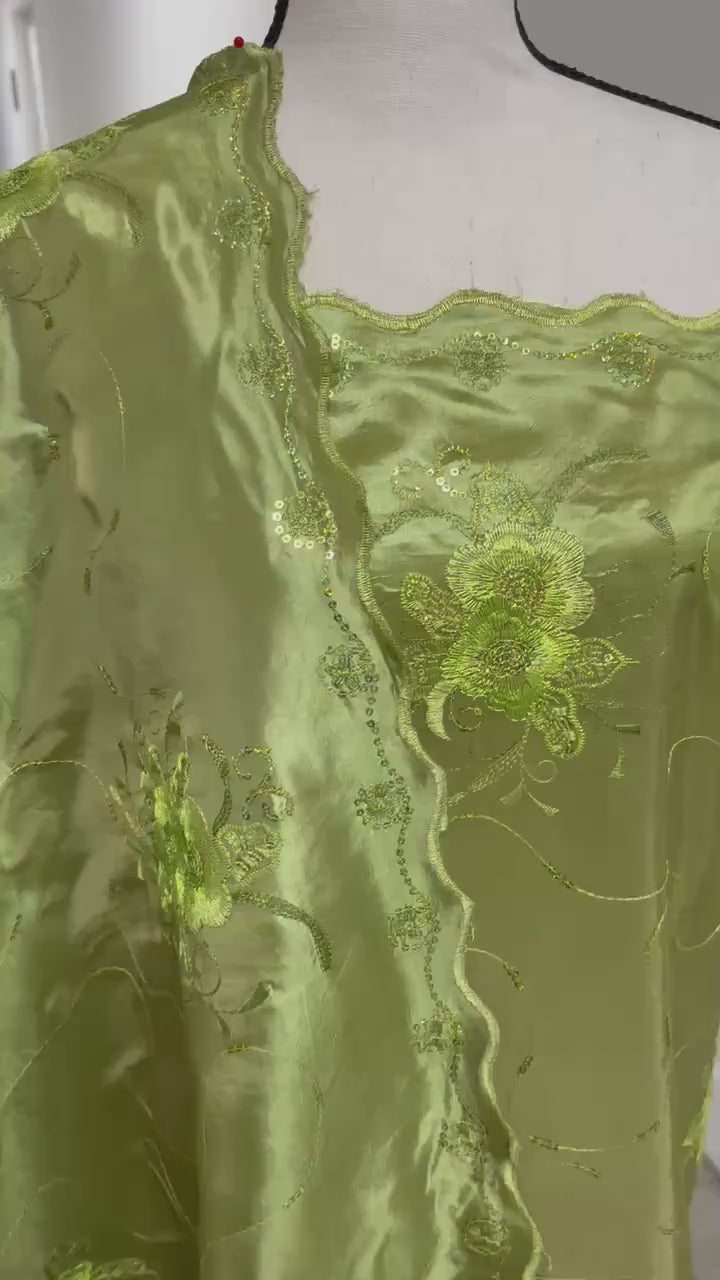 A 2 yards Embroidery sequins Taffeta Fabric Design Bouquet, color Olive width 54". sell by 2 yards increment continues.